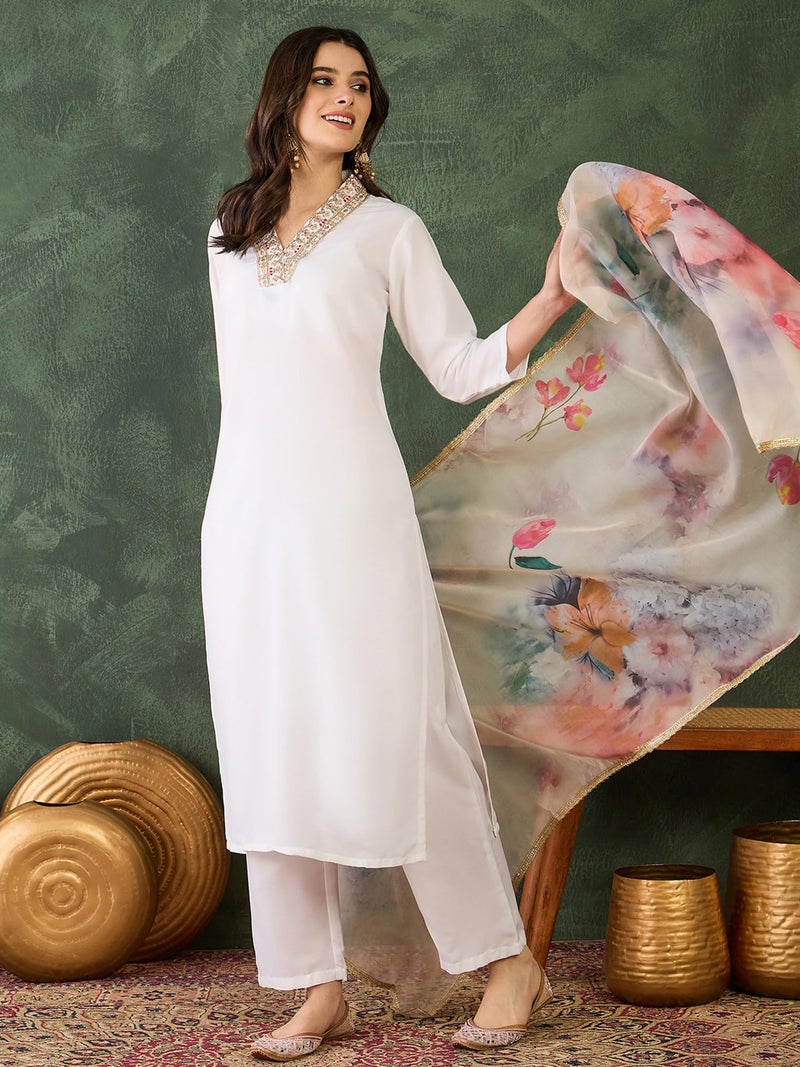 Naixa Women's Rayon Embroidered Straight Kurta with Pant and Dupatta Sets (NX-502-Offwhite-XL) - Image 3