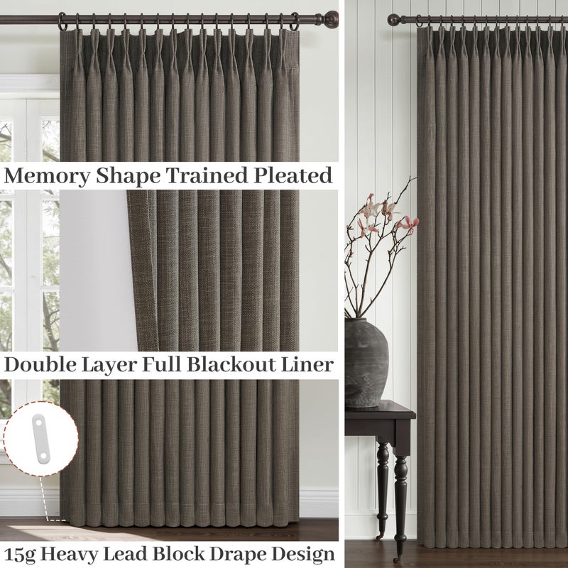 PleatedDrapes 100% Blackout 96 Inch Linen Double Layer Curtains 2 Panels Set for Sliding Glass Doors, Memory Trained Pinch Pleated Chocolate Tart Insulated Sound Dampening Modern Windows Drapes 40x96 Inches Length - Image 4