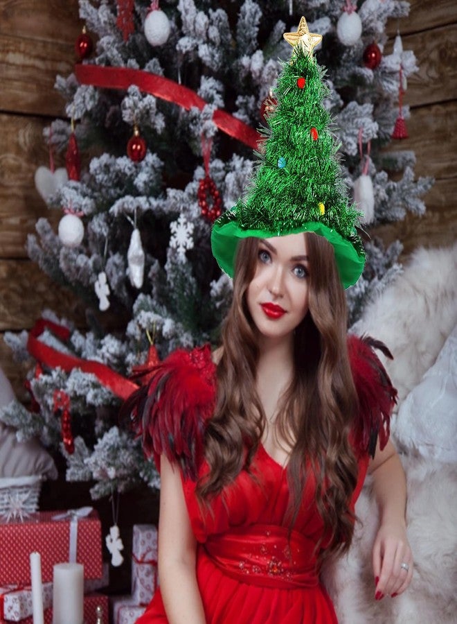 Ncozwo Christmas Tree Hat - Green Tinsel Glitter Golden Star Santa Hat for Women Winter Theme Costumes - Image 3