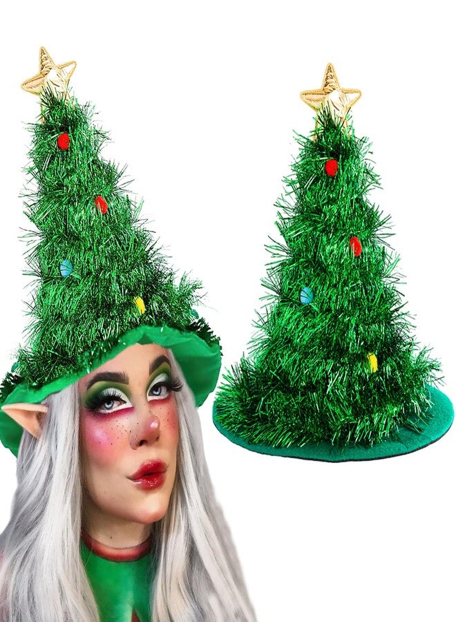 Ncozwo Christmas Tree Hat - Green Tinsel Glitter Golden Star Santa Hat for Women Winter Theme Costumes - Image 1