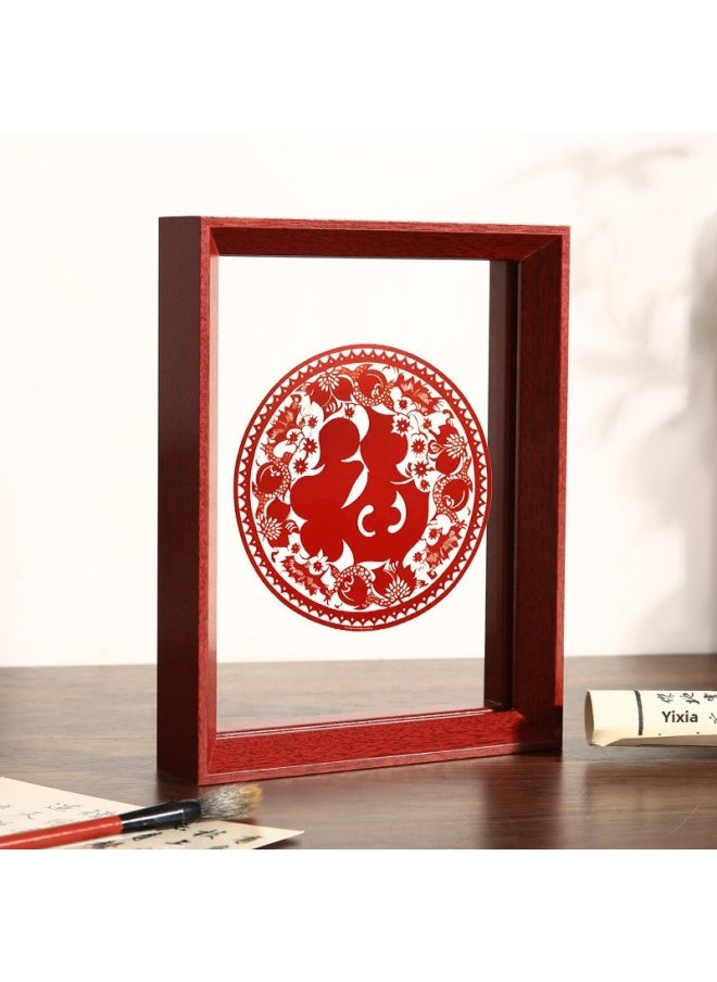 Chinese-style Double-sided Transparent Photo Frame Table Year Paper-cut Fu Character Calligraphy Frame Mounted Ornaments Specimen Display Stand A4 Frame-Color:A3 [can Hold 29.7*42cm] - Mahogany Color