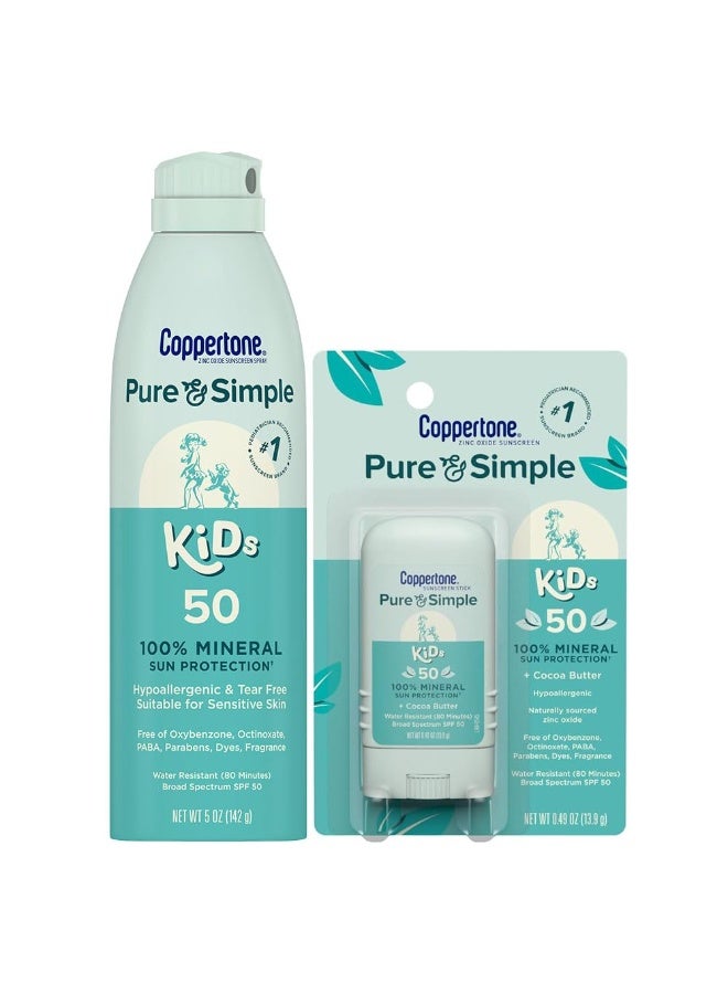 Coppertone بخاخ واقي شمس للأطفال من كوبرتون النقي والبسيط SPF 50 (5 أونصات) + عصا واقي شمس للأطفال SPF 50 (0.49 أونصة)، خالي من المواد المسببة للحساسية وخالي من العطور - Image 1