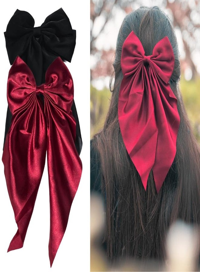ChicTresses® 2 Pack Black and Red Hair Bows - Bow Clips for Women and Girls - Luxury Silky Satin Hair Accessories - Cute Clips for Girls - Image 2