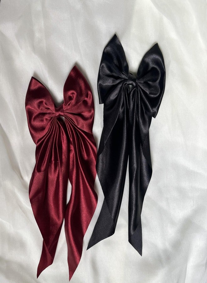 ChicTresses® 2 Pack Black and Red Hair Bows - Bow Clips for Women and Girls - Luxury Silky Satin Hair Accessories - Cute Clips for Girls - Image 5
