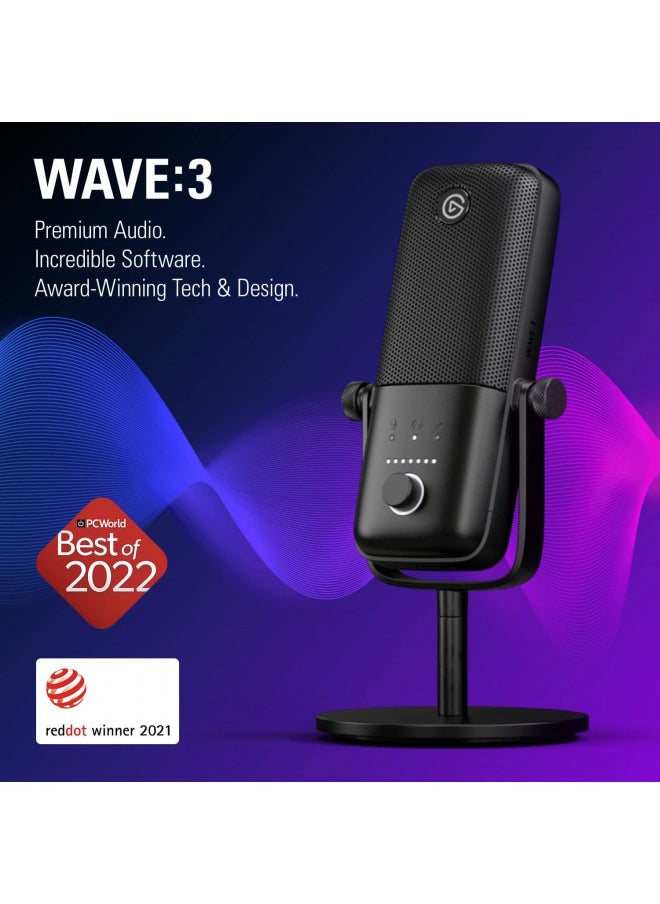 Elgato Wave:3 - Premium Studio Quality USB Condenser Microphone for Streaming, Podcast, Gaming and Home Office, Free Mixer Software, Sound Effect Plugins, Anti-Distortion, Plug n Play, for Mac, PC