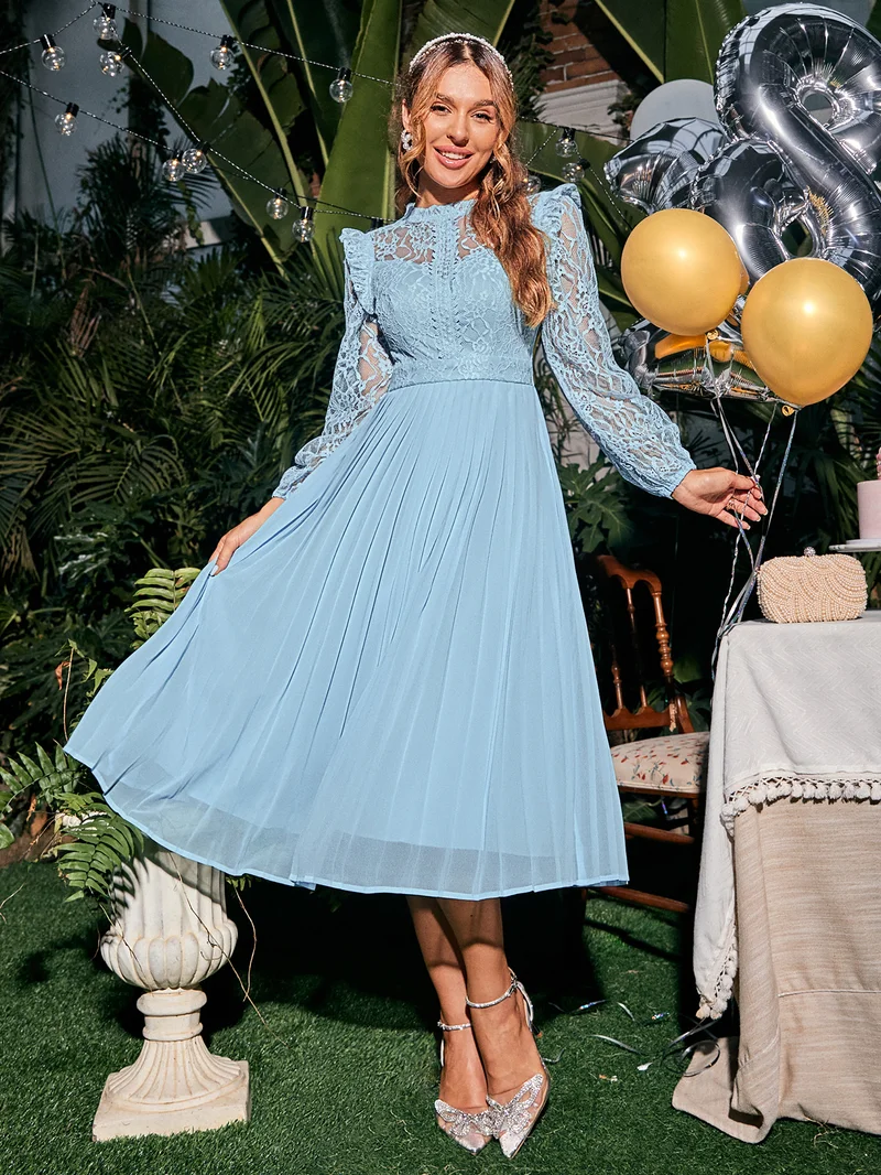 Simplee Square Neck Ruffle Puff Long Sleeve Maxi Dress, Pleated Flared Skirt, Fresh Countryside Dress