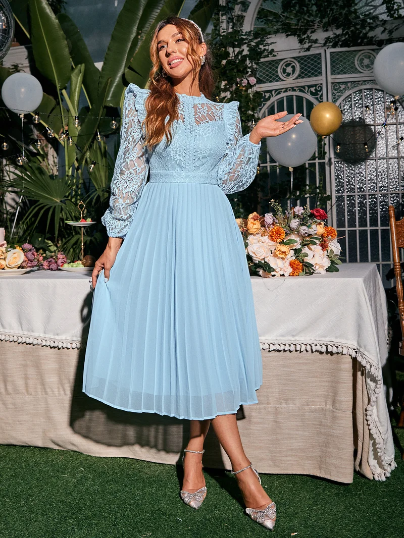 Simplee Square Neck Ruffle Puff Long Sleeve Maxi Dress, Pleated Flared Skirt, Fresh Countryside Dress