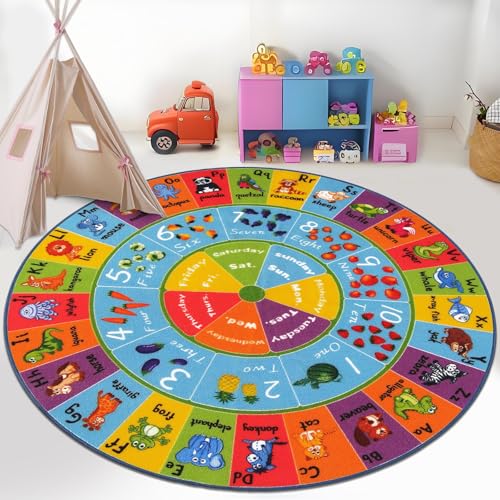 HEBE Kids Play Rug 4ft ABC Alphabet Numbers Shapes Educational Kid Area Rug Washable Baby Crawling Mat Non Slip Kid Play Mat Carpet for Girl Boy Bedroom Playroom - Image 2