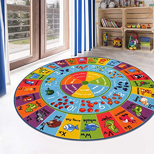 HEBE Kids Play Rug 4ft ABC Alphabet Numbers Shapes Educational Kid Area Rug Washable Baby Crawling Mat Non Slip Kid Play Mat Carpet for Girl Boy Bedroom Playroom - Image 1