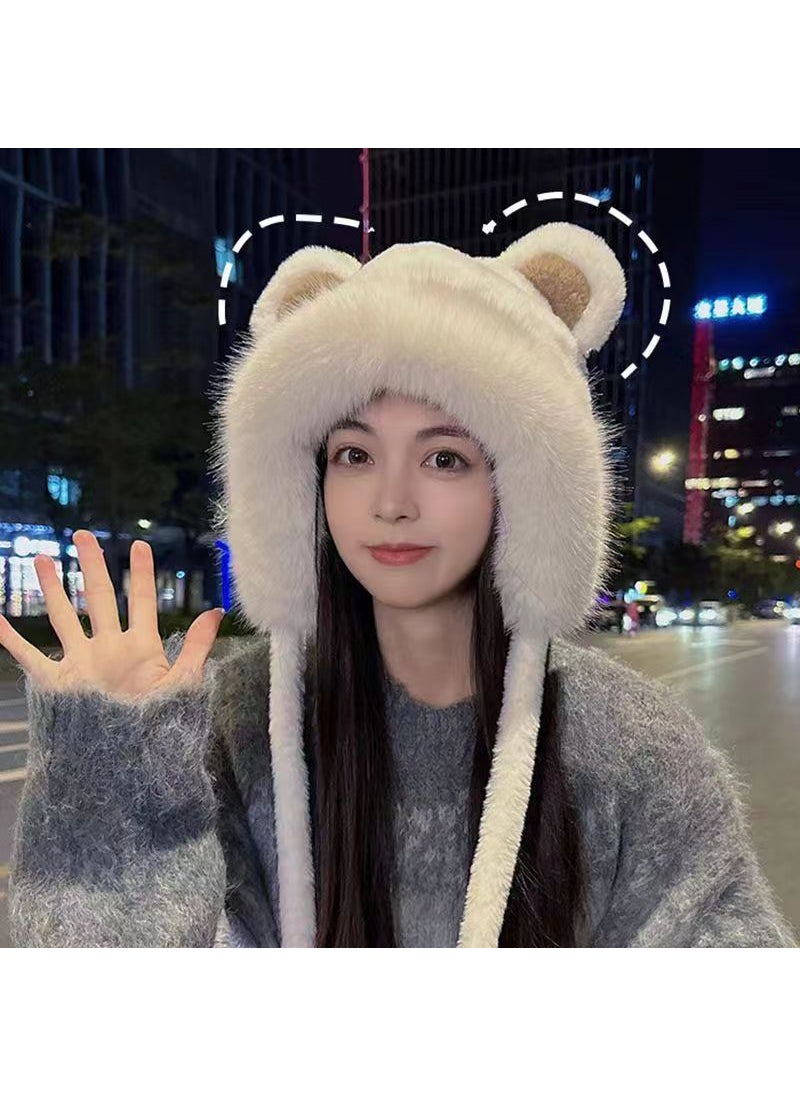 Generic - Cute Fox Ear Plush Winter Warm Hat Scarf Combo White (double ball women's hat) - Image 1