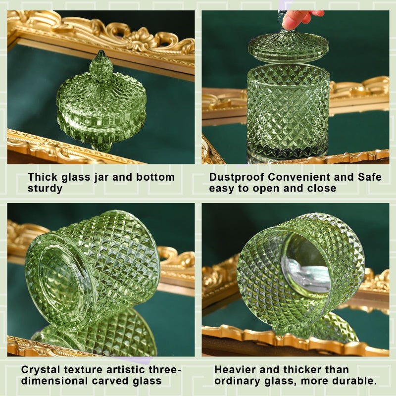 Aoriher 4 Pcs Crystal Glass Candy Jar Set with Lids Home Decorative Storage Jars for Apothecary, Bathroom, Kitchen, and Pantry, Ideal for Cotton Swabs and Jewelry (Medium,Green) - Image 3