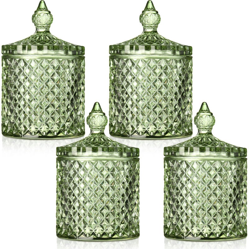 Aoriher 4 Pcs Crystal Glass Candy Jar Set with Lids Home Decorative Storage Jars for Apothecary, Bathroom, Kitchen, and Pantry, Ideal for Cotton Swabs and Jewelry (Medium,Green) - Image 1