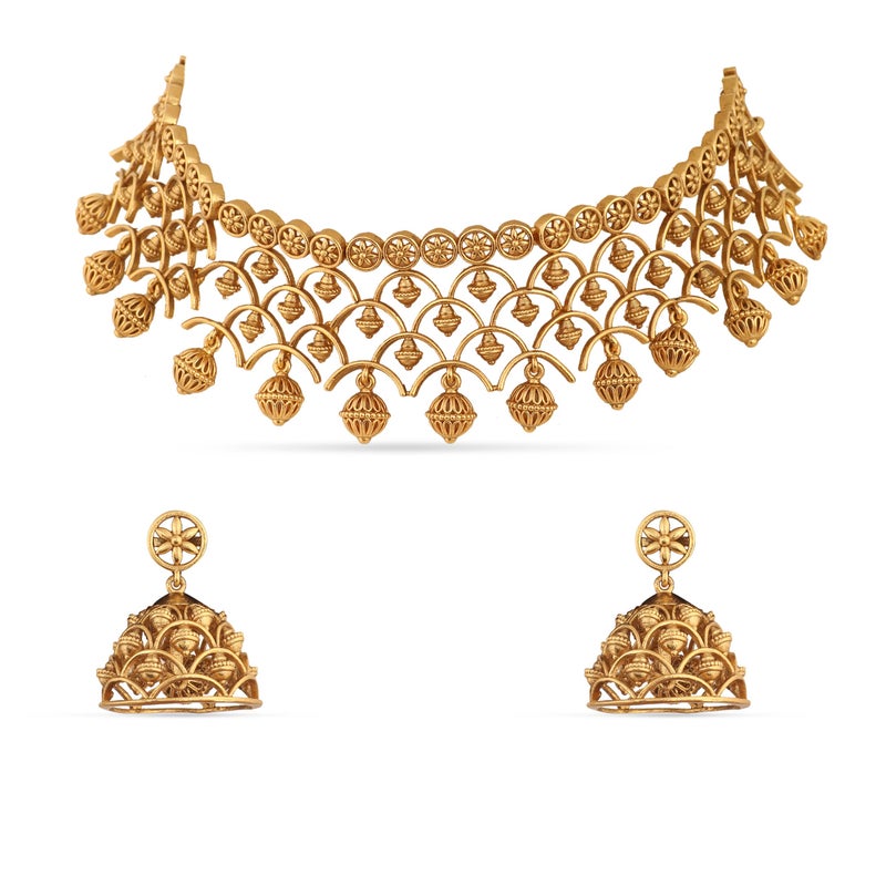 TARINIKA Brass Indian Choker Necklace Set - Gold Plated Cubic Zirconia Indian Jewelry Sets for Women Dangle, Drop, Jhumka Earrings Traditional Desi Necklace Pearls Gift for her (Kumud Antique) - Image 1