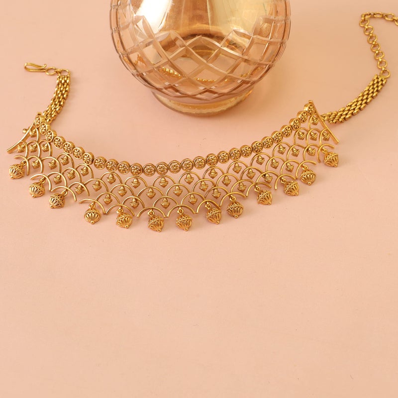 TARINIKA Brass Indian Choker Necklace Set - Gold Plated Cubic Zirconia Indian Jewelry Sets for Women Dangle, Drop, Jhumka Earrings Traditional Desi Necklace Pearls Gift for her (Kumud Antique) - Image 3