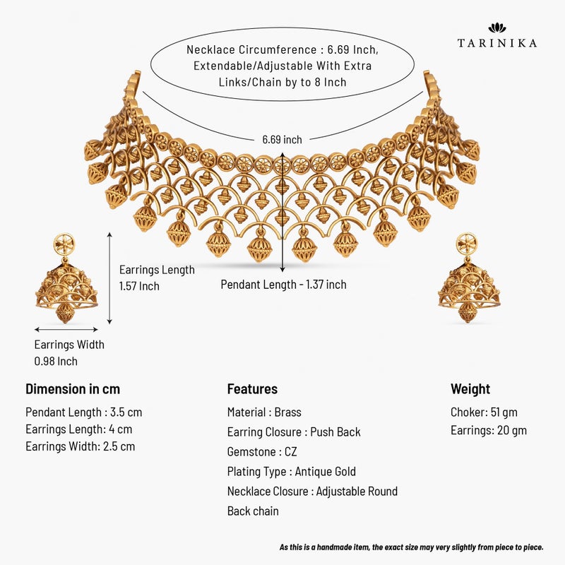 TARINIKA Brass Indian Choker Necklace Set - Gold Plated Cubic Zirconia Indian Jewelry Sets for Women Dangle, Drop, Jhumka Earrings Traditional Desi Necklace Pearls Gift for her (Kumud Antique) - Image 5