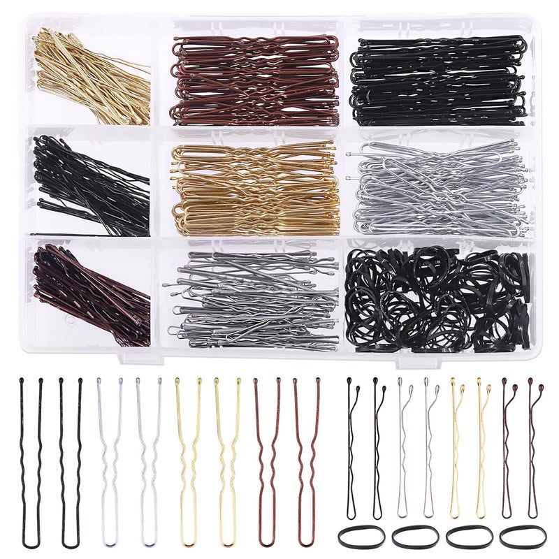 Rustark 420Pcs 2 Styles Hair Pins Kit with Storage Box Includes Black Bronze Gold Silver Bobby Pins Buns U Shaped Hair Pins and Rubber Hair Bands for Women Girls Kids for All Hair Types