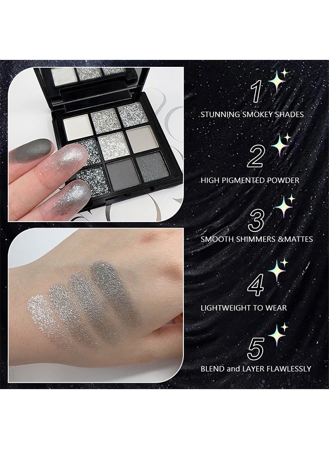 ibcccndc Multi Colors Eyeshadow Palette ,Black Grey Silver Smokey Eyeshadow Palette, 9 Colors Cool Toned Matte Glitter Eyeshadow Palette Longlasting Waterproof Eye Shadow for Girls and Women - Image 4
