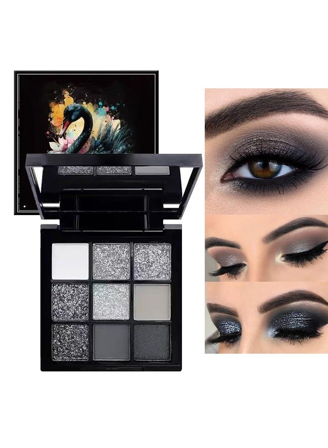 ibcccndc Multi Colors Eyeshadow Palette ,Black Grey Silver Smokey Eyeshadow Palette, 9 Colors Cool Toned Matte Glitter Eyeshadow Palette Longlasting Waterproof Eye Shadow for Girls and Women - Image 1