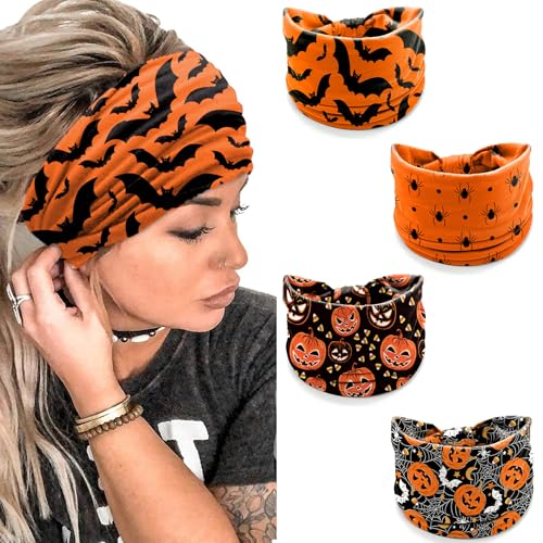 winthrop 4 Pack Halloween Headbands for Women Cute Pumpkin Bat Spider Prints Wide Stretchy Hair Bands Breathable Stretchy NonSlip Holiday Themed Hair Accessories for Party Yoga Makeup Costume - Image 1