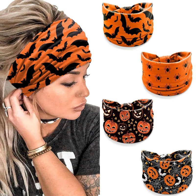 winthrop 4 Pack Halloween Headbands for Women Cute Pumpkin Bat Spider Prints Wide Stretchy Hair Bands Breathable Stretchy NonSlip Holiday Themed Hair Accessories for Party Yoga Makeup Costume - Image 3