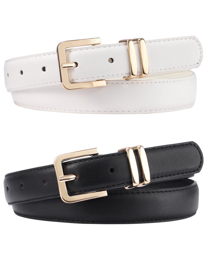 AWAYTR 2 Pack Girls Leather Belt for Kids Jeans with Gold Square Buckle, Black/White, Fit Waist 22-26in - Image 1