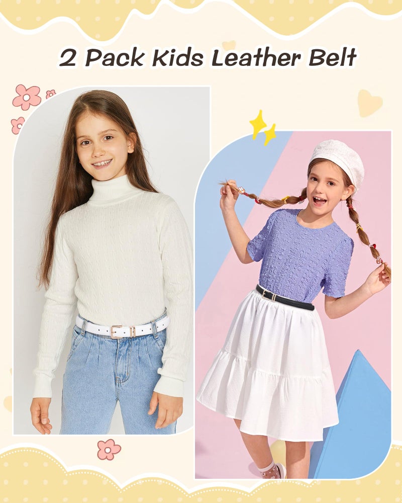 AWAYTR 2 Pack Girls Leather Belt for Kids Jeans with Gold Square Buckle, Black/White, Fit Waist 22-26in - Image 4
