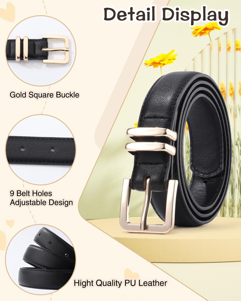 AWAYTR 2 Pack Girls Leather Belt for Kids Jeans with Gold Square Buckle, Black/White, Fit Waist 22-26in - Image 3