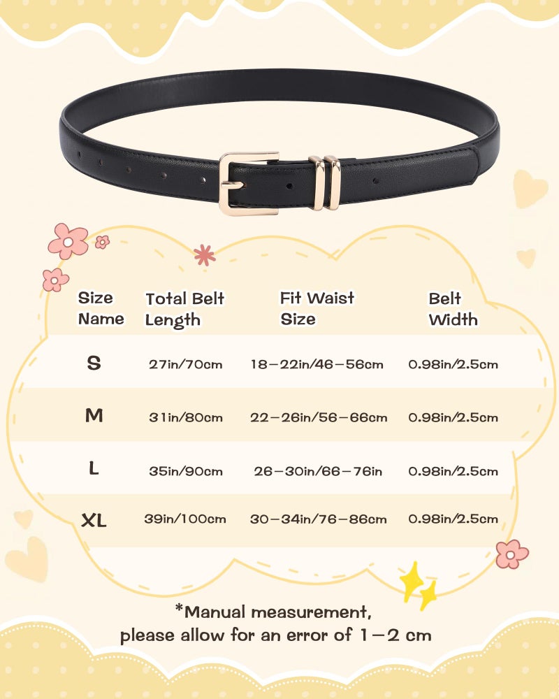 AWAYTR 2 Pack Girls Leather Belt for Kids Jeans with Gold Square Buckle, Black/White, Fit Waist 22-26in - Image 2