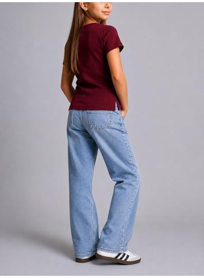 Nileton Girls’ Basic Tops - Ribbed Knit – Cotton Crew Neck T-Shirt – Regular Fit Short Sleeve Stretchy Fitted Casual Everyday Tee - Image 4