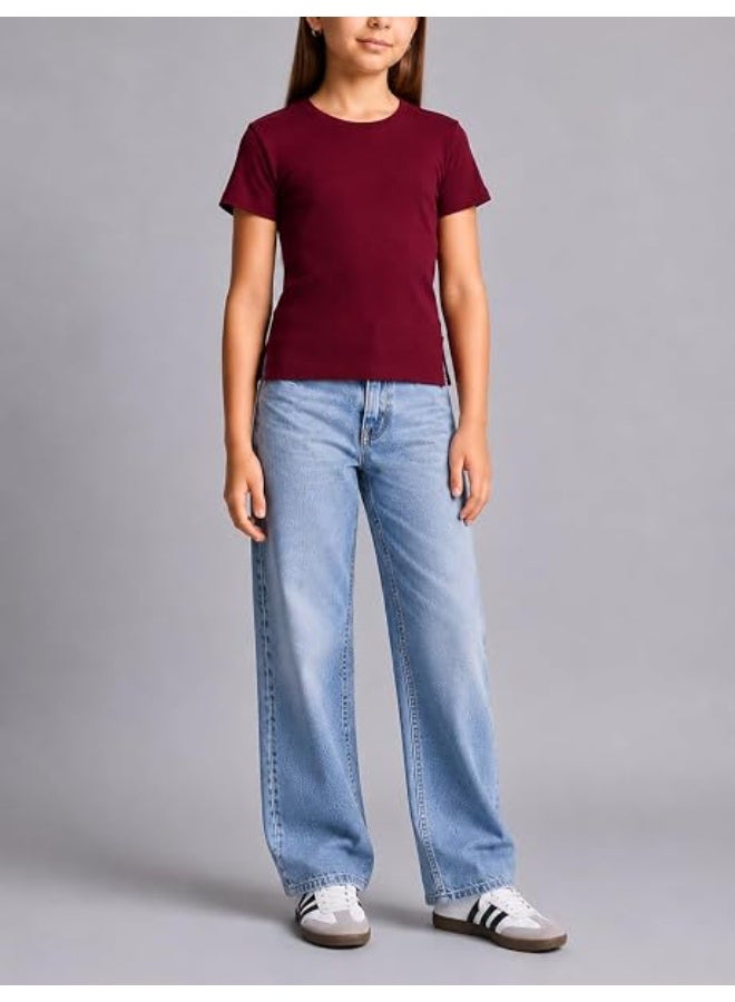 Nileton Girls’ Basic Tops - Ribbed Knit – Cotton Crew Neck T-Shirt – Regular Fit Short Sleeve Stretchy Fitted Casual Everyday Tee - Image 3