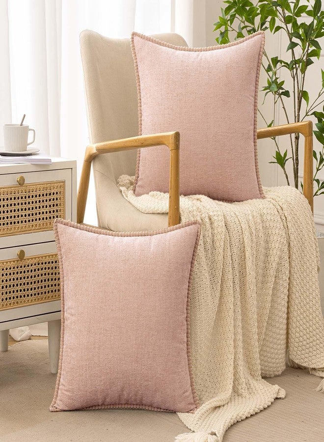 ANRODUO Pack of 2 Blush Pink Chenille Throw Pillow Covers 18x18 Inch Farmhouse Decorative Pillow Covers with Stitched Edge Soft Throw Pillows for Couch Sofa Bed and Living Room Spring Boho Home Decor - Image 2