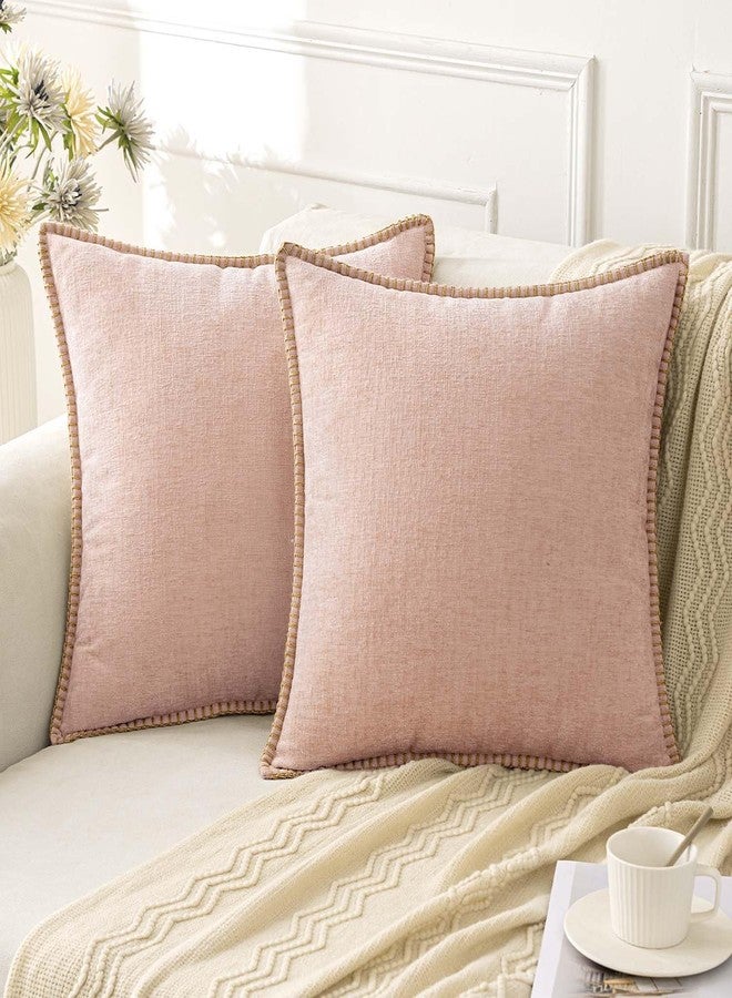 ANRODUO Pack of 2 Blush Pink Chenille Throw Pillow Covers 18x18 Inch Farmhouse Decorative Pillow Covers with Stitched Edge Soft Throw Pillows for Couch Sofa Bed and Living Room Spring Boho Home Decor - Image 1