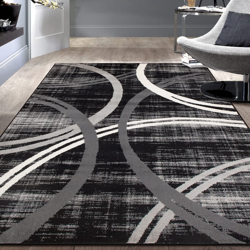Rugshop Modern Wavy Circles Design Area Rug 53 x 73 Black