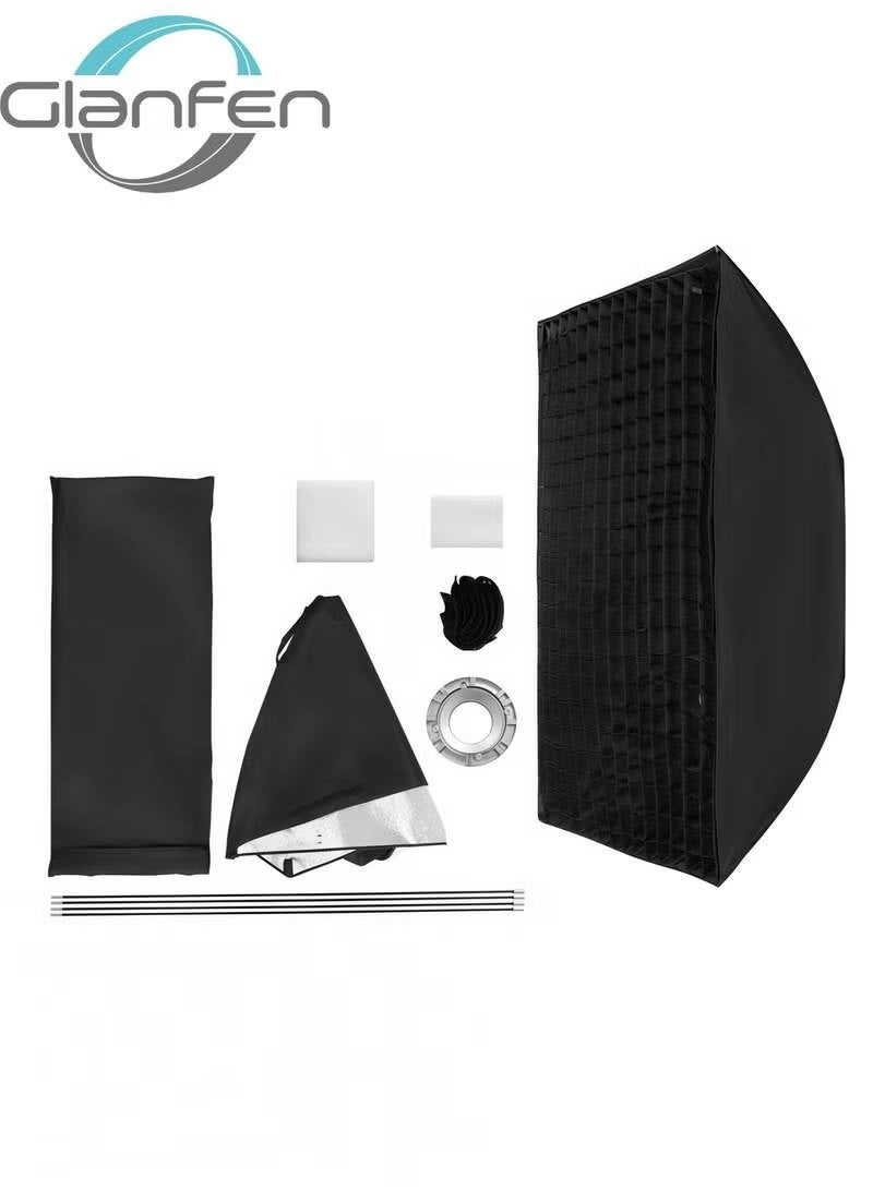 غرانفين طقم صندوق إضاءة ناعم (Softbox) مستطيل مقاس 60×90 سم – مزود بقاعدة تثبيت من نوع Bowens، ومشتتي ضوء مزدوجين (بمستوى خفض 1.5 و2.5 درجة توقف)، وشبكة توجيه الضوء (Grid) بزاوية 45 درجة، ونظام تركيب سريع بأربعة قضبان، وحقيبة حمل. - Image 1