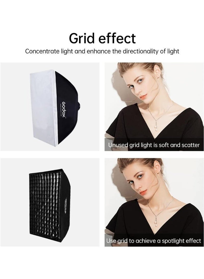 غرانفين طقم صندوق إضاءة ناعم (Softbox) مستطيل مقاس 60×90 سم – مزود بقاعدة تثبيت من نوع Bowens، ومشتتي ضوء مزدوجين (بمستوى خفض 1.5 و2.5 درجة توقف)، وشبكة توجيه الضوء (Grid) بزاوية 45 درجة، ونظام تركيب سريع بأربعة قضبان، وحقيبة حمل. - Image 2