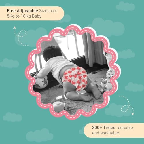Little Pea Free Size Leak-Proof Cloth Diapers for Babies 3 Months -3 Years—High-Absorbency Combo Pack with 2 Cloth Diapers, 2 Insert Pads, and 2 Wet Bag (Fits 5-18kg) | Adjustable, Washable, 6-Hour Absorbency, Rash Free - Playful, Hearts - Image 4