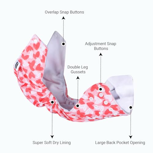 Little Pea Free Size Leak-Proof Cloth Diapers for Babies 3 Months -3 Years—High-Absorbency Combo Pack with 2 Cloth Diapers, 2 Insert Pads, and 2 Wet Bag (Fits 5-18kg) | Adjustable, Washable, 6-Hour Absorbency, Rash Free - Playful, Hearts - Image 3