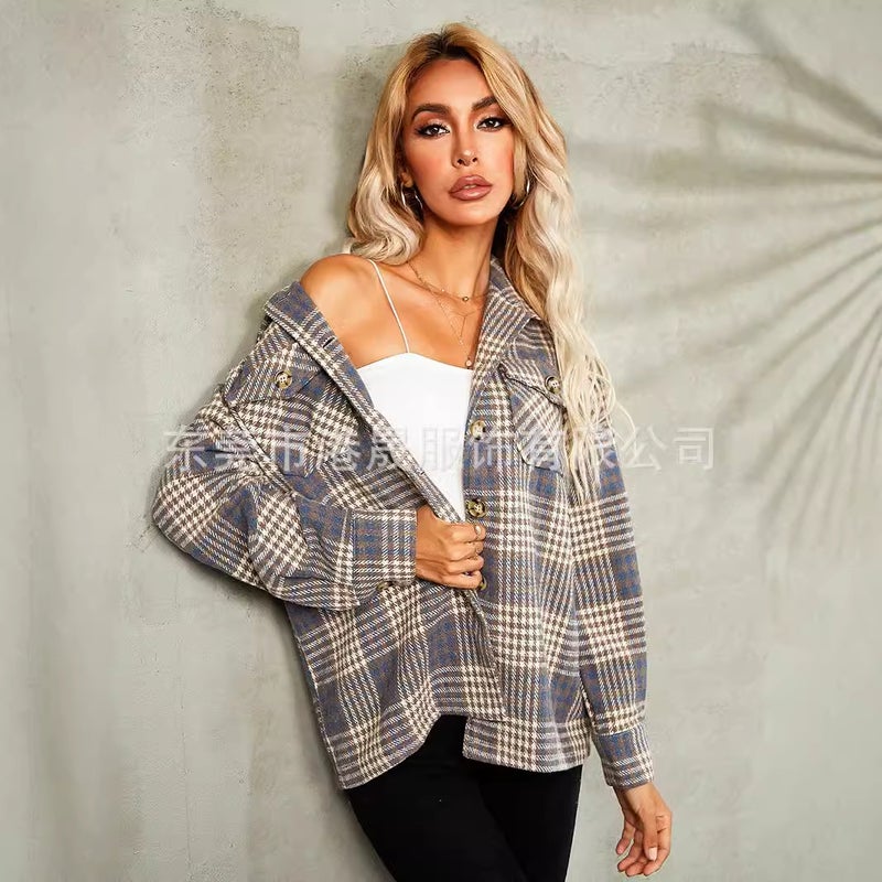 Woolen Lapel Shirt Loose Fit Office Women Casual Plaid Coat - Image 3