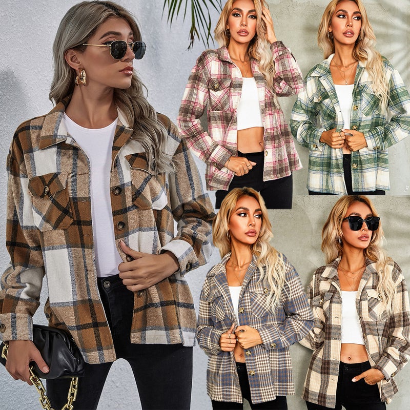Woolen Lapel Shirt Loose Fit Office Women Casual Plaid Coat - Image 1