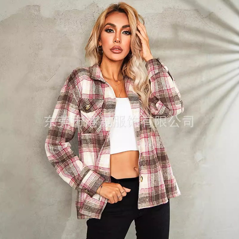 Woolen Lapel Shirt Loose Fit Office Women Casual Plaid Coat - Image 2