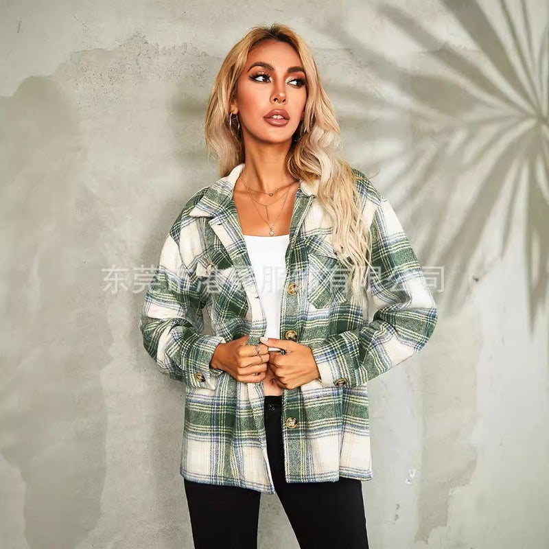Woolen Lapel Shirt Loose Fit Office Women Casual Plaid Coat - Image 4