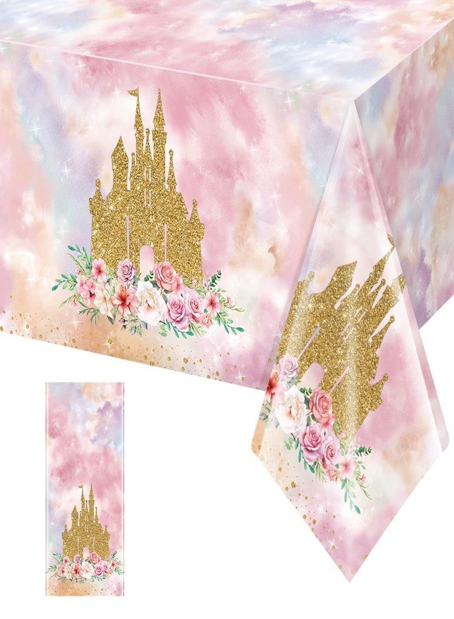 Jectivs 1 Pack Princess Tablecloths Birthday Decorations,Plastic Pink Rose Castle Table Cloth for Parties,Disposable Rectangle Floral Table Cover for Baby Shower Girls Birthday Party Supplies,54x108 Inch - Image 1