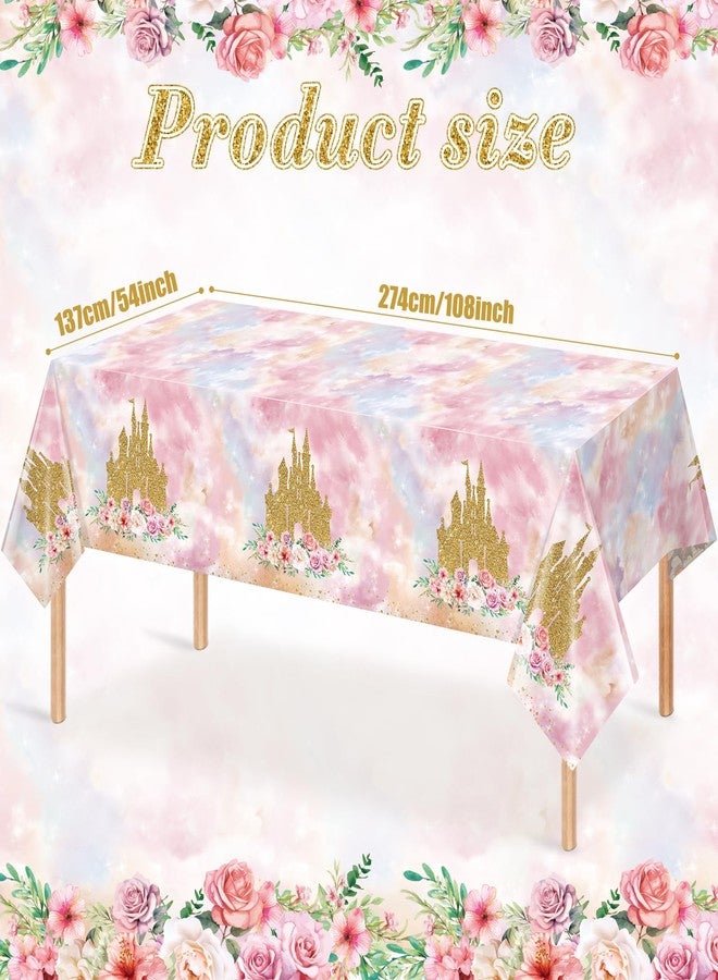 Jectivs 1 Pack Princess Tablecloths Birthday Decorations,Plastic Pink Rose Castle Table Cloth for Parties,Disposable Rectangle Floral Table Cover for Baby Shower Girls Birthday Party Supplies,54x108 Inch - Image 2