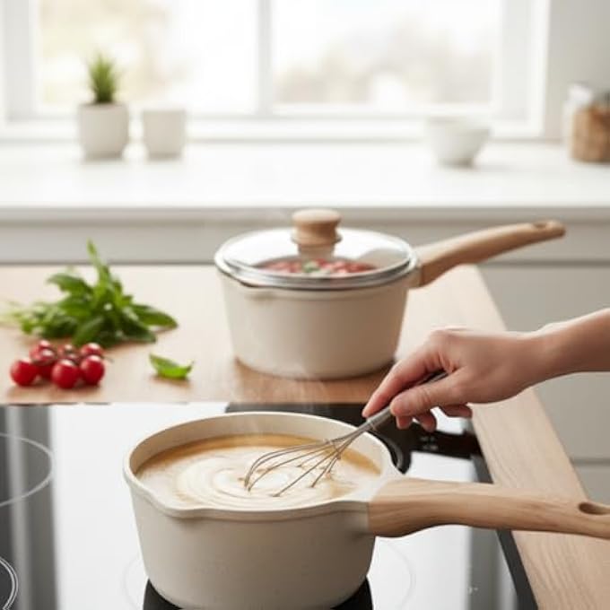 ريحني قدر طهي صغير غير لاصق أبيض مع غطاء سعة 16 لترًا بمقبض بارد، متوافق مع الحث الحراري، وعاء حساء خالٍ من مادة PFOA وPFA، مقاس 16 سم - Image 5