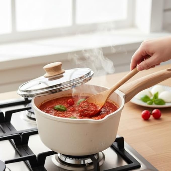 ريحني قدر طهي صغير غير لاصق أبيض مع غطاء سعة 16 لترًا بمقبض بارد، متوافق مع الحث الحراري، وعاء حساء خالٍ من مادة PFOA وPFA، مقاس 16 سم - Image 4