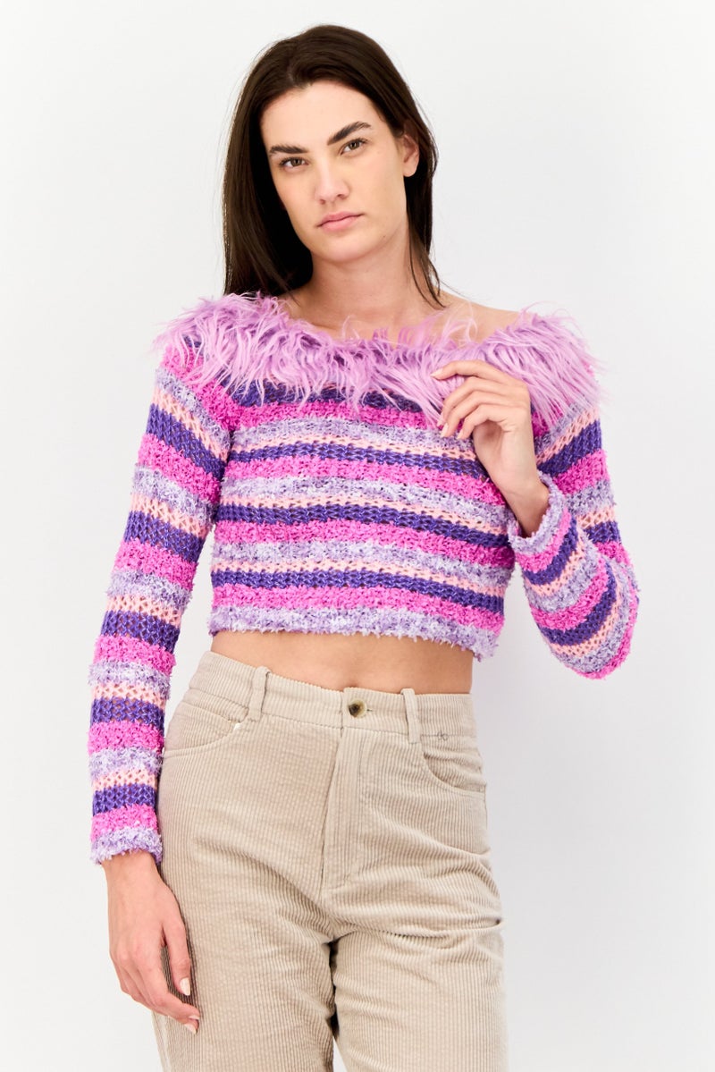 As You Women Boat Neck Knitted Long Sleeves Top, Multicolor - Image 1