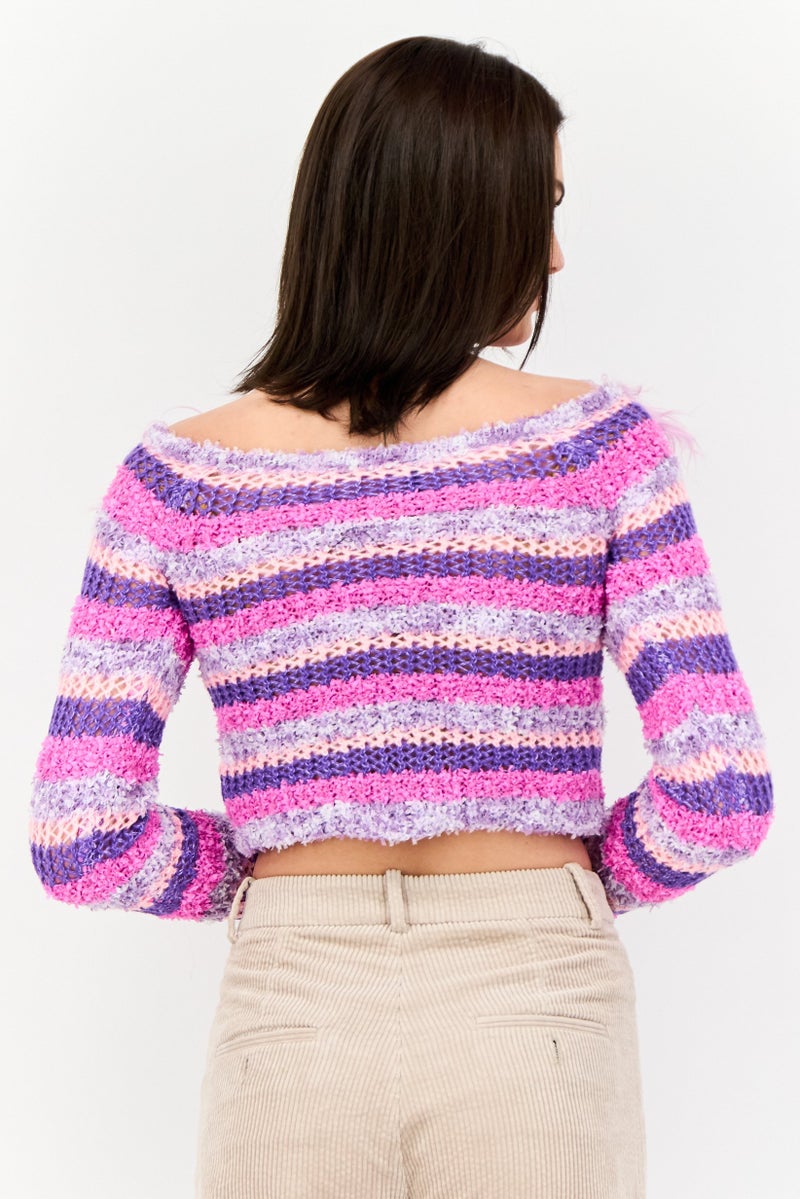 As You Women Boat Neck Knitted Long Sleeves Top, Multicolor - Image 3