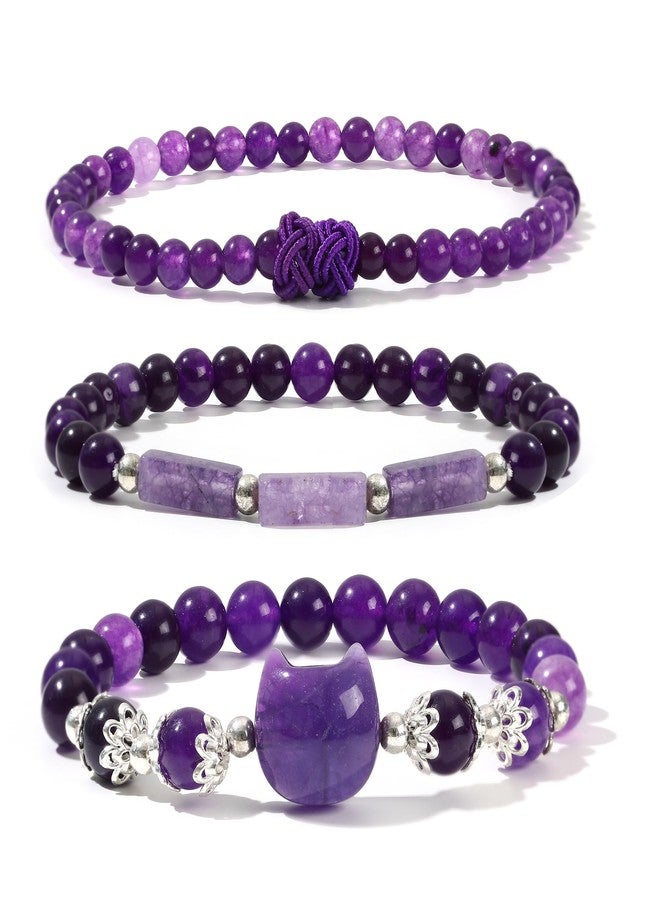Reyife 3PCS Healing Crystal Bracelet for Women, Natural Stone Beaded Stackable Stretch Bracelets for Women, Spiritual Anxiety Protection Bracelet Women's Jewelry Inspirational Gifts (Amethyst) - Image 1