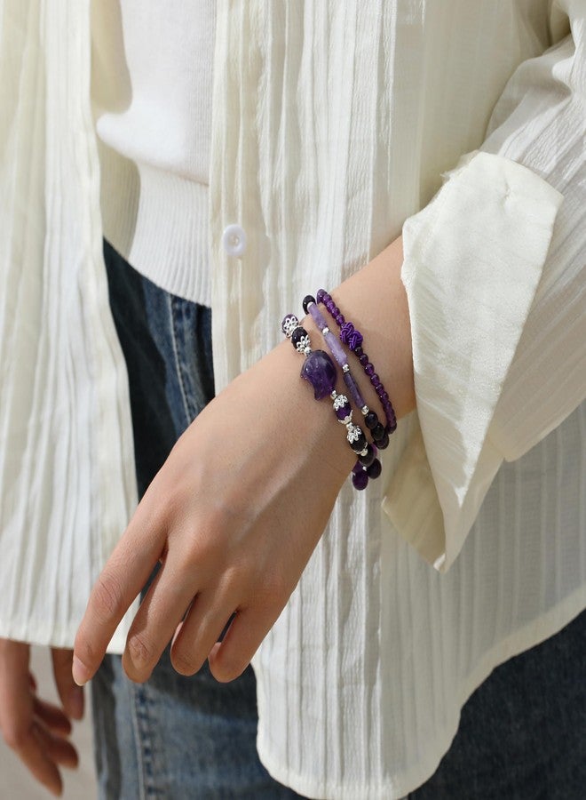 Reyife 3PCS Healing Crystal Bracelet for Women, Natural Stone Beaded Stackable Stretch Bracelets for Women, Spiritual Anxiety Protection Bracelet Women's Jewelry Inspirational Gifts (Amethyst) - Image 3