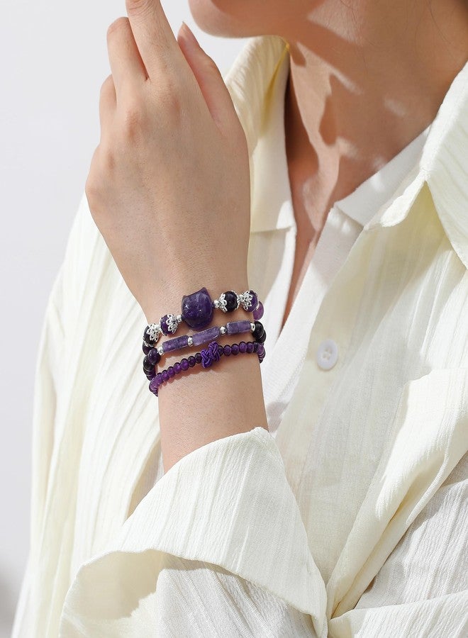Reyife 3PCS Healing Crystal Bracelet for Women, Natural Stone Beaded Stackable Stretch Bracelets for Women, Spiritual Anxiety Protection Bracelet Women's Jewelry Inspirational Gifts (Amethyst) - Image 2